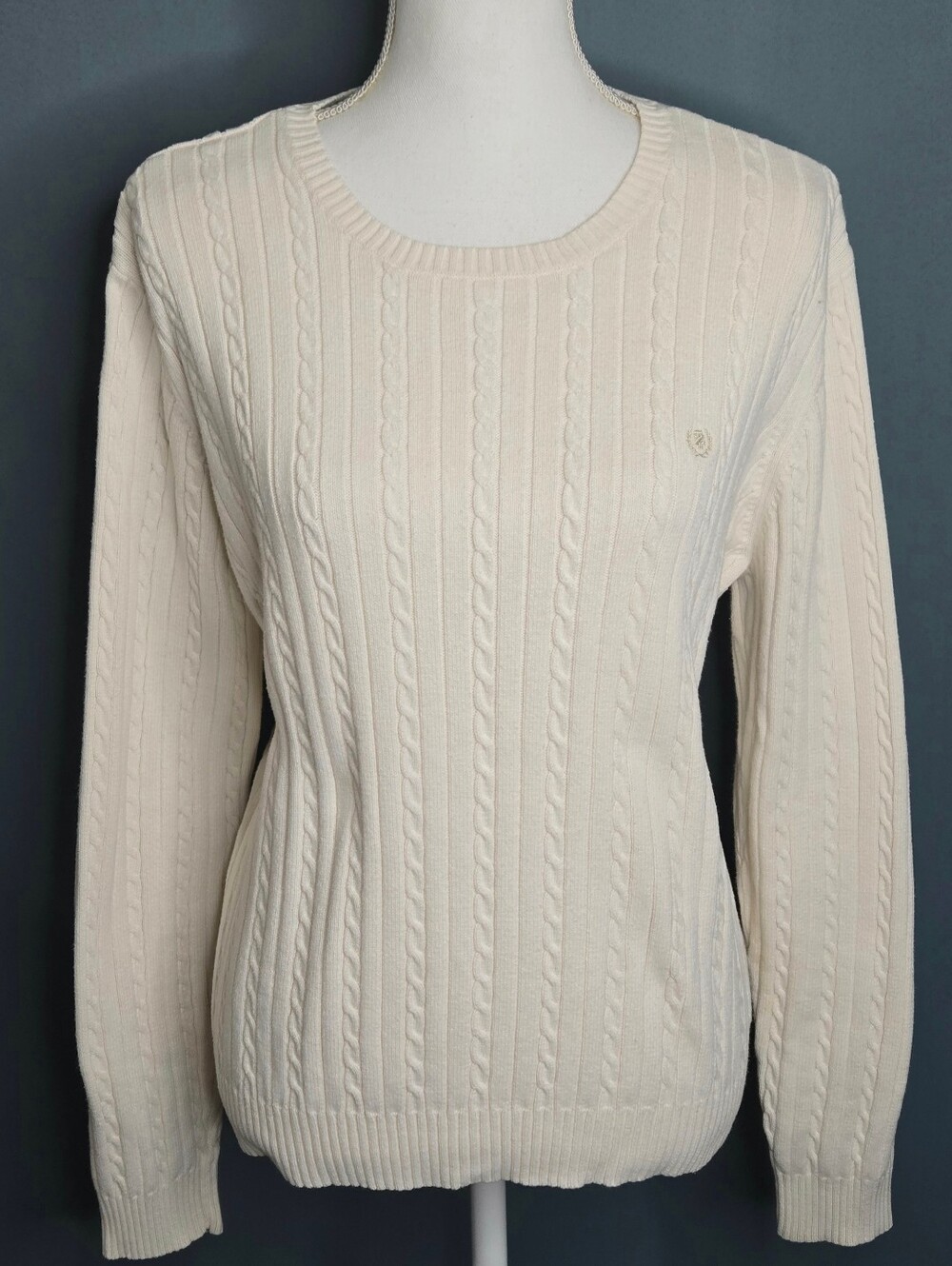 IZOD Ivory Cable Knit Sweater Cotton Crest Logo Classic Preppy NWOT XL